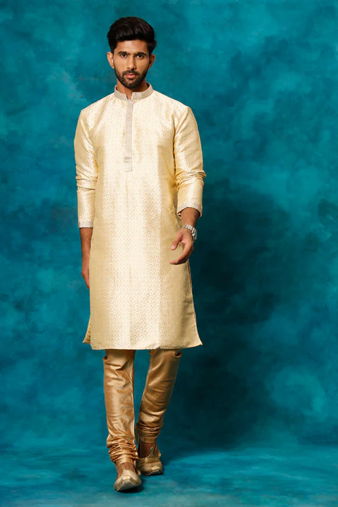 VASTRAMAY Men's Beige jacquard Kurta With Pant Set